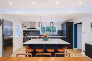 blue and bronze kitchen